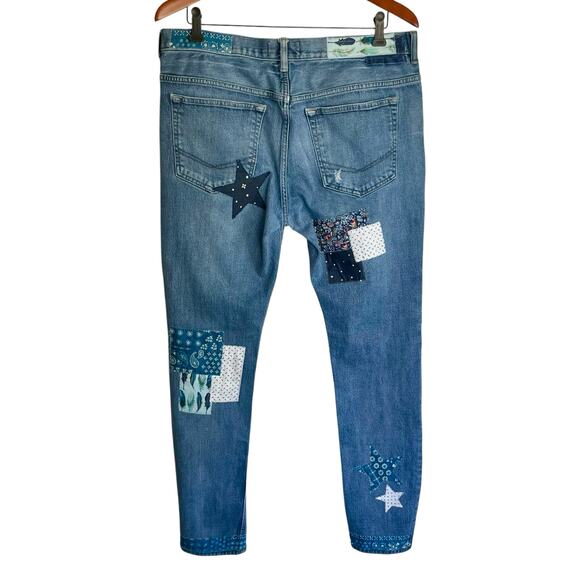 Upcycled Jeans Boho Style Patched Bleached Star Design Waist 34-36" Tapered Leg - Picture 3 of 9